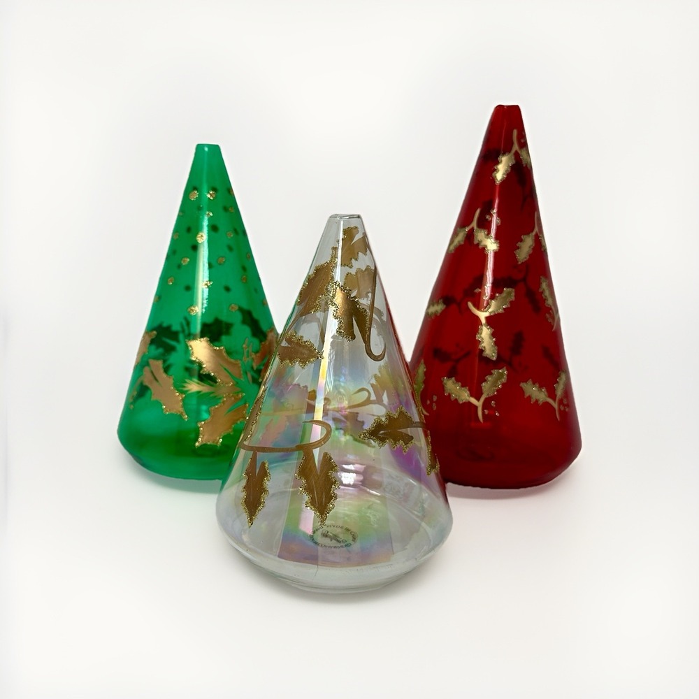 Vtg Gorham Decorative Christmas Tree Glass Oil Lamps Set Of 3‎ Hand Painted